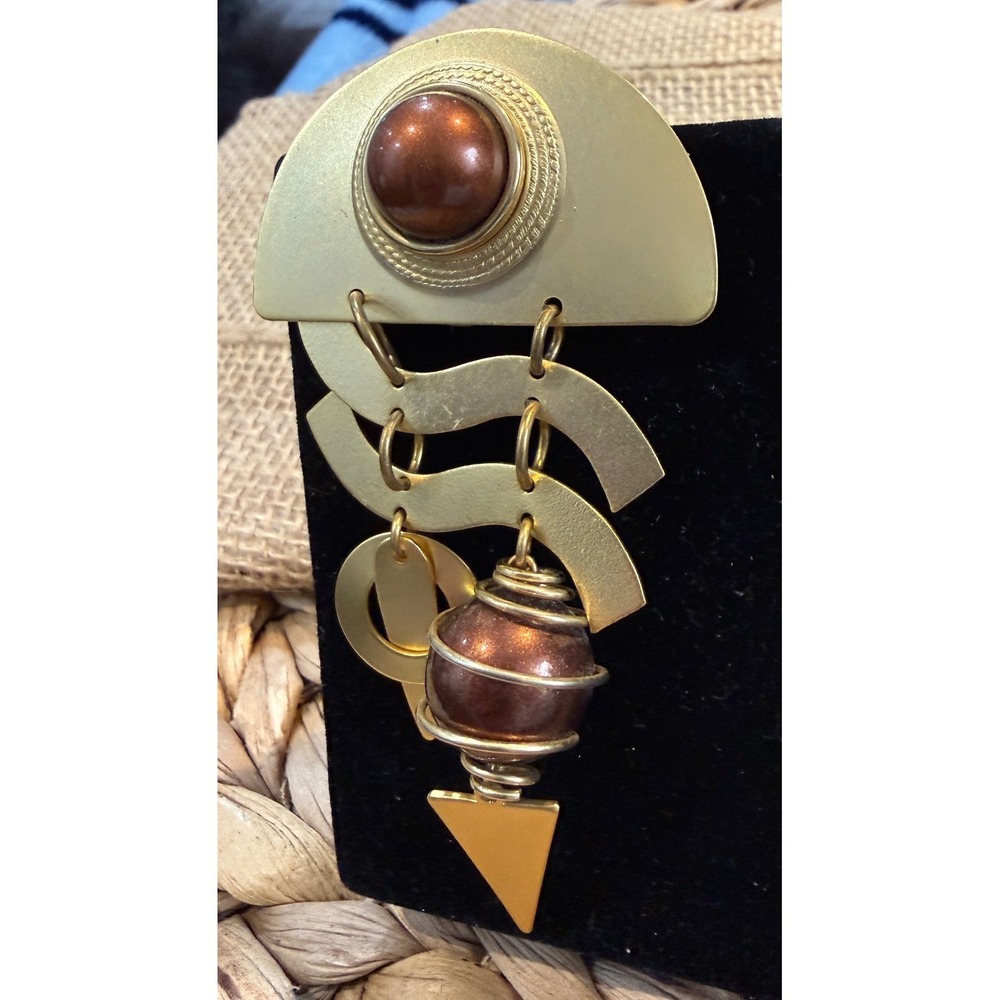 Vintage 80s Memphis Milano Style Geometric Matte Gold Statement Brooch Pin - Picture 2 of 6